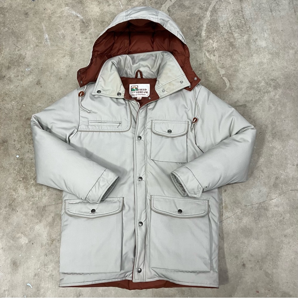 Vtg Field & Stream Barn Coat Mens Medium Down Filled Beige Tan Hooded Jacket